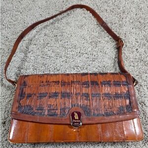 VTG RODIN PARIS Eel Skin Leather Shoulder Bag Flap Closure Gold Tone Accent
